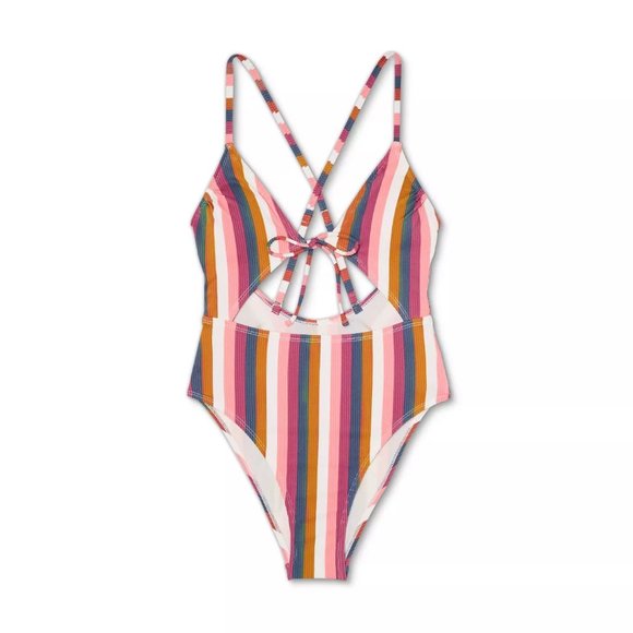 Xhilaration Multi Stripe Medium Juniors' Ribbed Tie-Front One Piece Swimsuit - Picture 3 of 8
